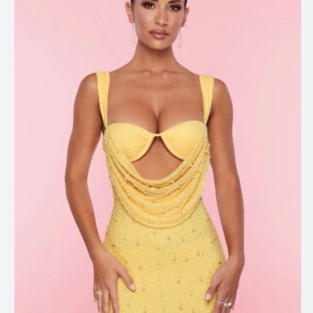 Oh Polly Yellow Draped Neckline Evening Dress